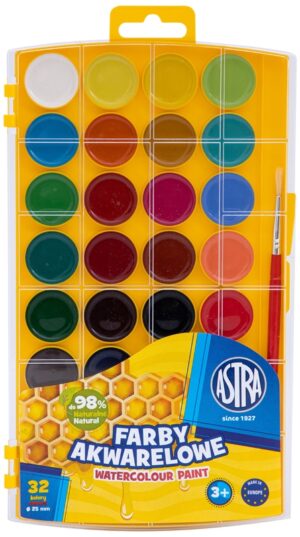 Farby akwarelowe 32 kolory - fi 25mm z eurozawieszką , Astra