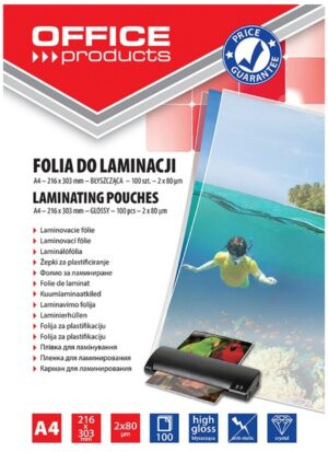Folia do laminowania A4, 2x80mikr, błyszcząca, 100szt, transparentna, Office Products